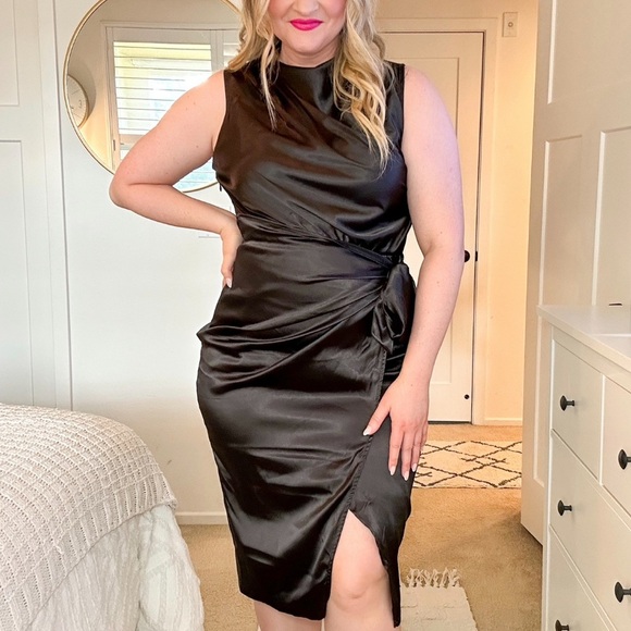 Grace Karin Satin Sleeveless Mock Cowl Neck Bodycon Midi Dress Black Size Large - Picture 1 of 9